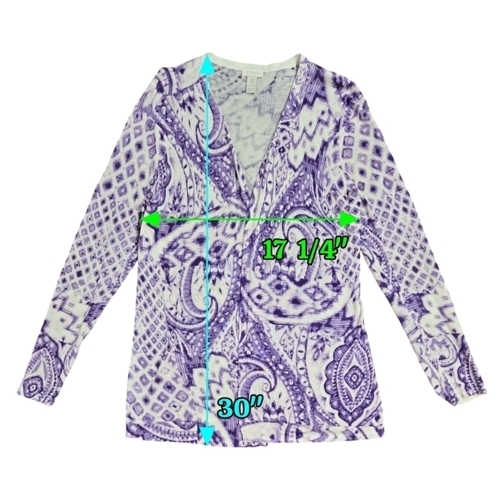 Chico's Purple White Paisley Open Front Lightweight Longline Cardigan Boho - Picture 3 of 7
